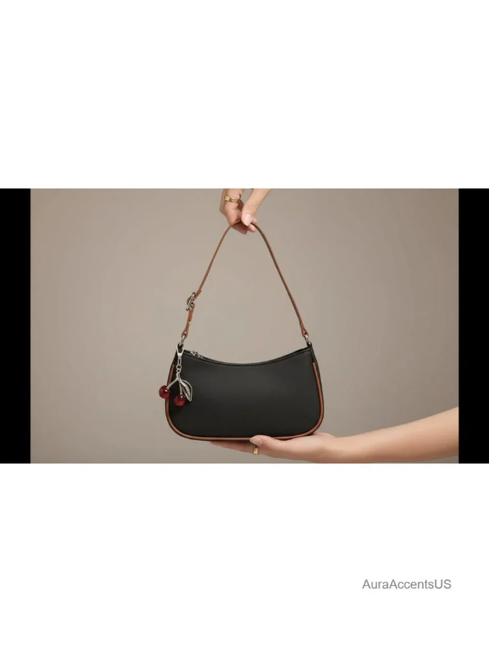 Vegan Canvas Crescent Hobo Shoulder Crossbody Bag with Cherry Charm